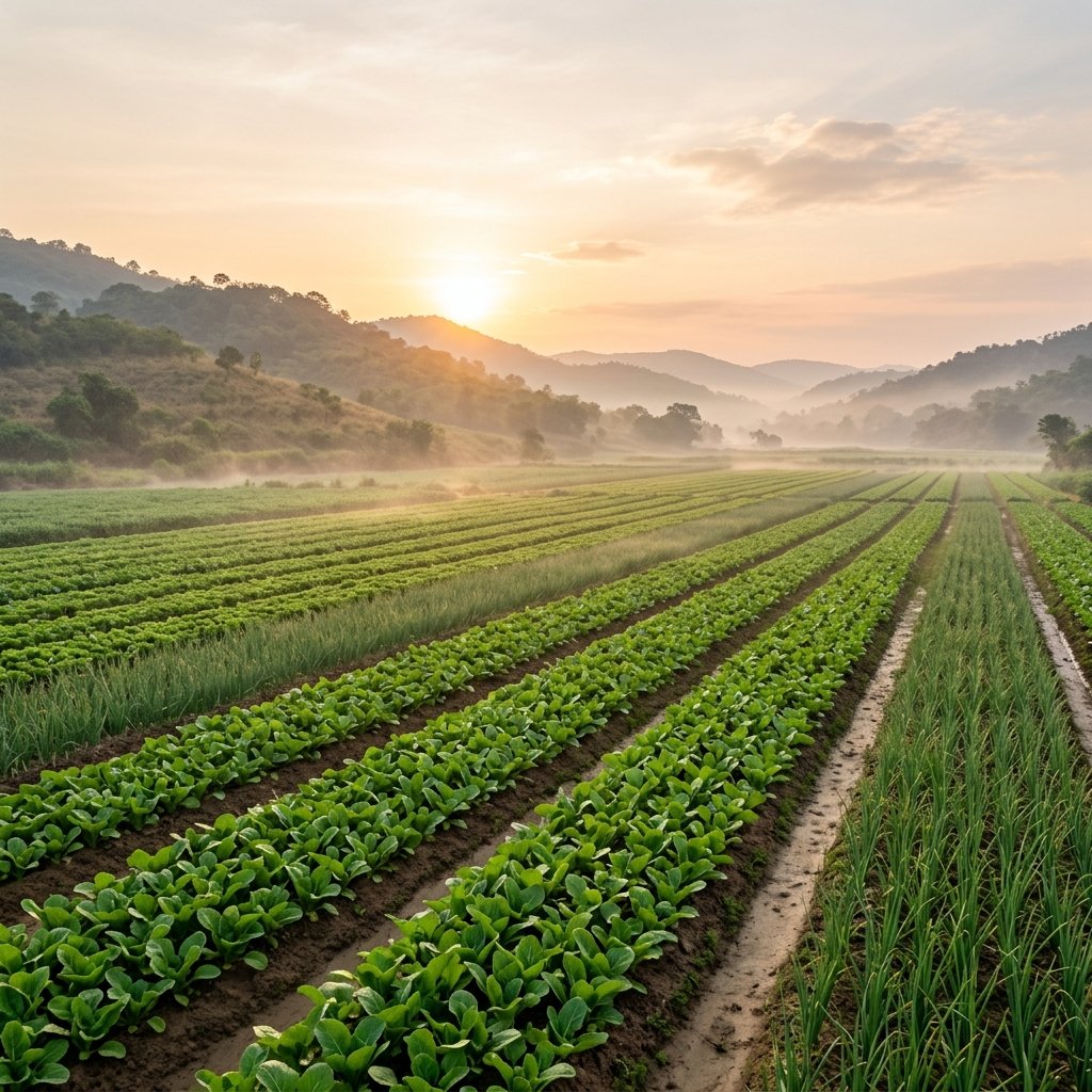Indian farmlands at golden hour — origin of BBN Caterers